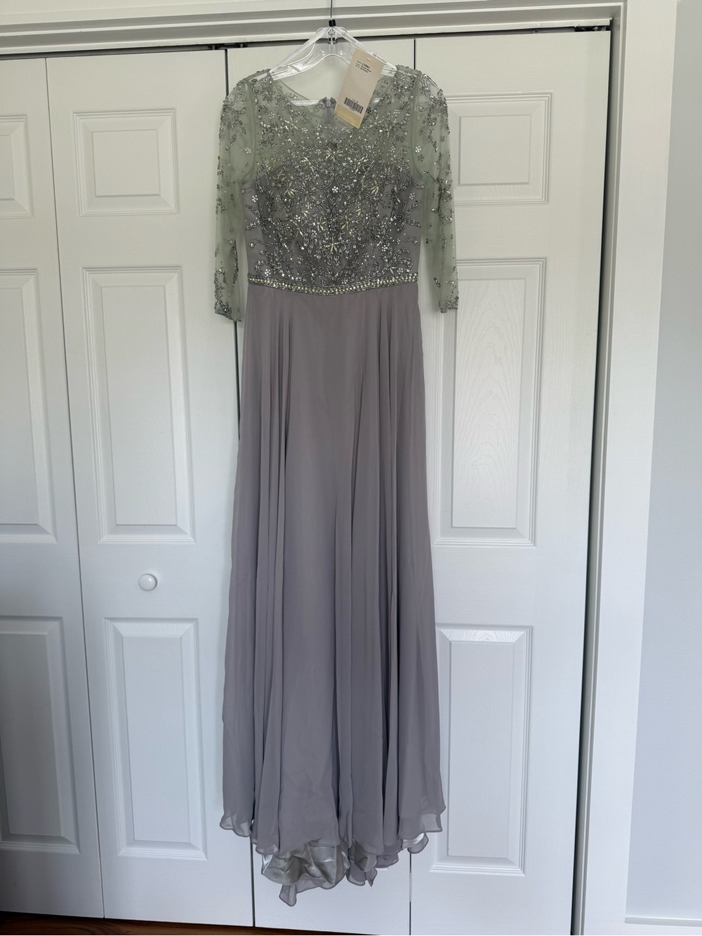 Christina Wu Two-Tone Embellished Evening Gown in Sage Green and Gray